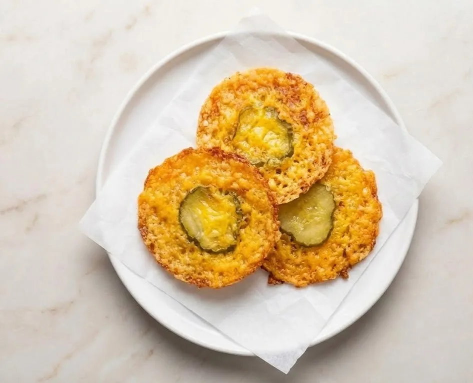 Crispy pickle cheese bites arranged on a white plate close up