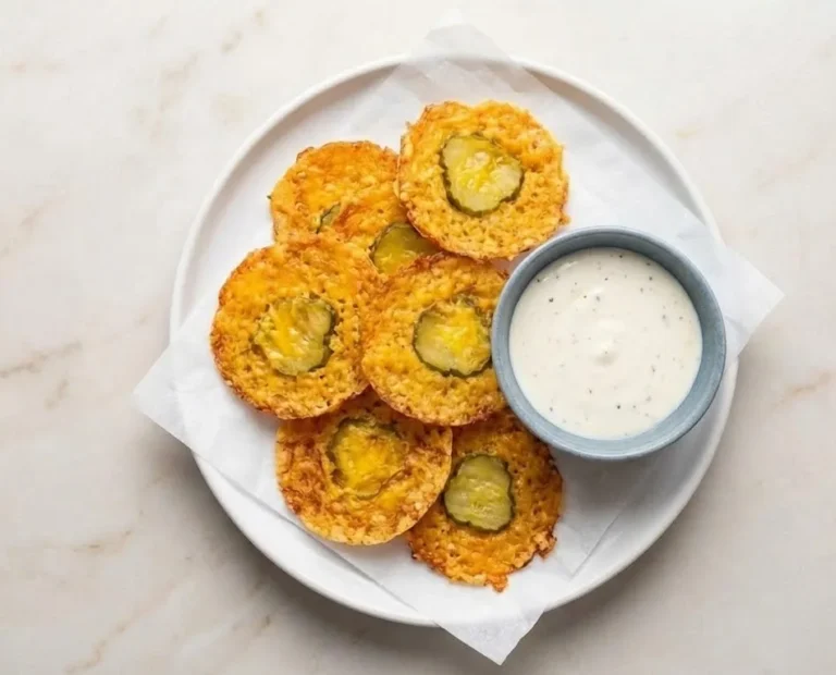 Crispy pickle cheese bites served on a white plate with creamy ranch dipping sauce