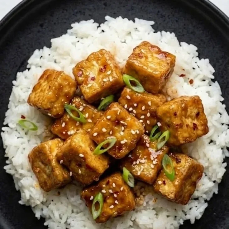 Crispy vegan honey garlic tofu cubes glazed in sticky sauce served over white rice with sesame seeds and green onions