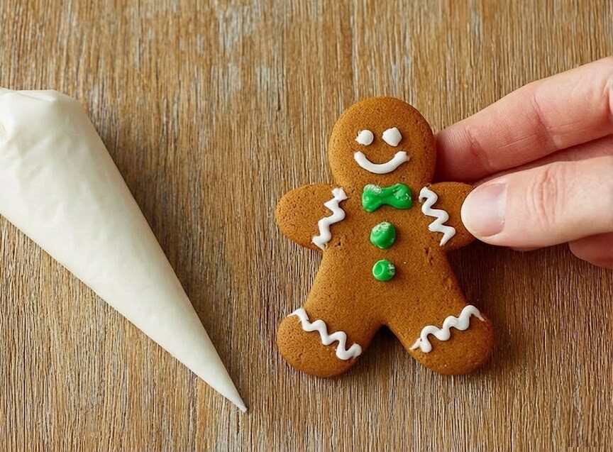 Decorating a gingerbread cookie with icing using a piping bag