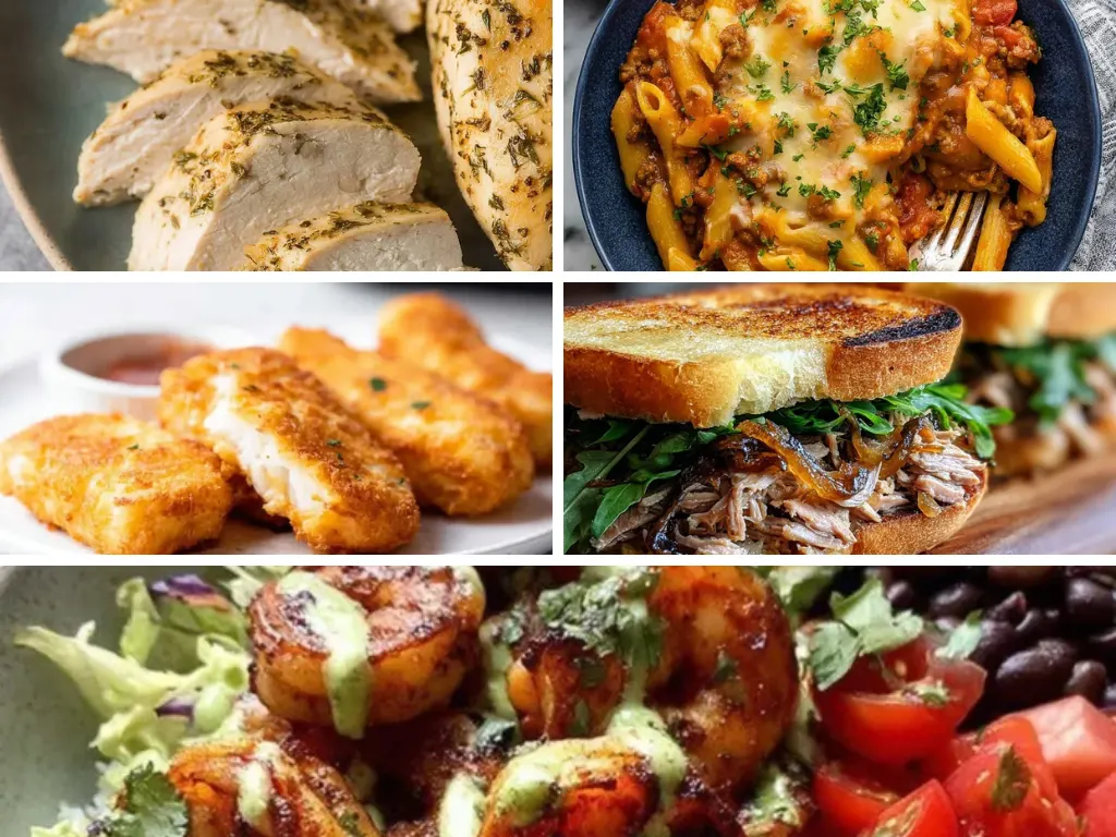 Easy dinner recipes featuring chicken, pasta, crispy tenders, comfort food sandwiches, and shrimp bowls