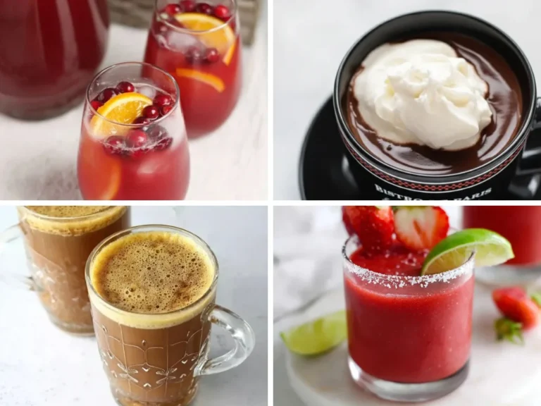 Easy drink recipes featuring holiday punch, hot chocolate, coffee drinks, and strawberry margarita