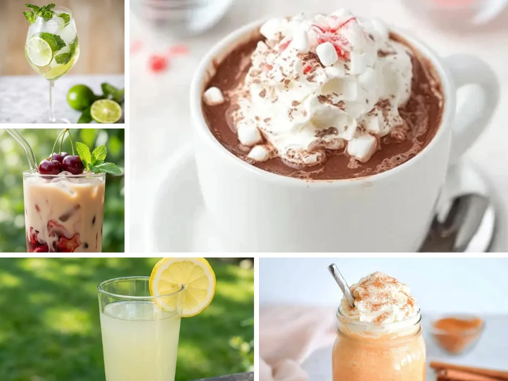 Easy drink recipes featuring hot chocolate, lemonade, iced tea drinks, pumpkin spice milk, and refreshing cocktails
