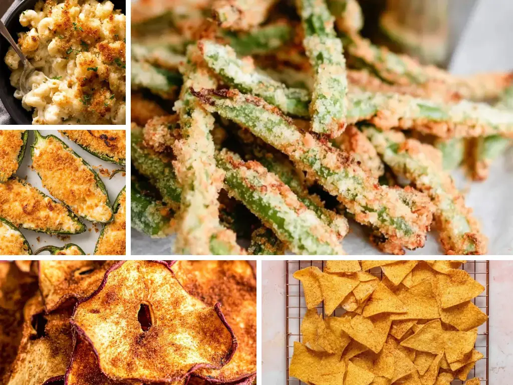 Easy side dishes featuring baked mac and cheese, air fryer jalapeño poppers, green bean fries, apple chips, and tortilla chips