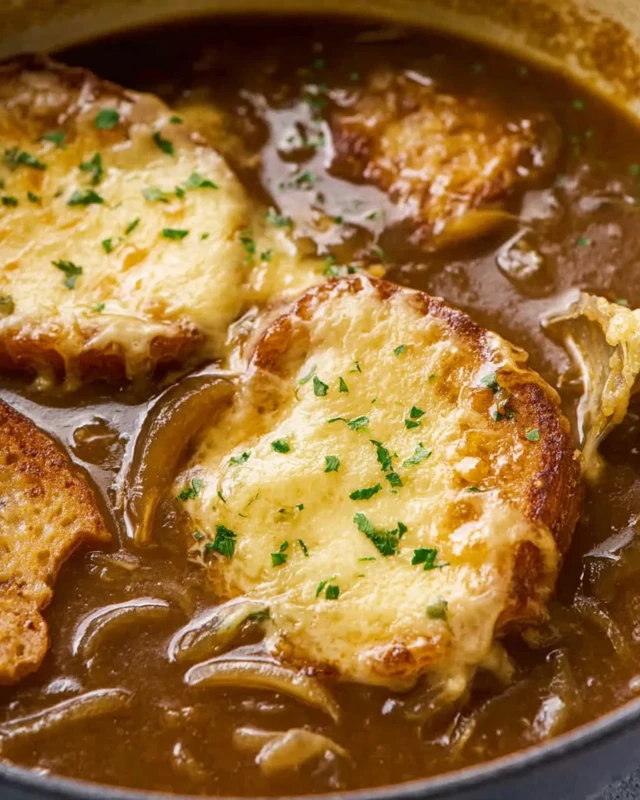 Broiled French onion soup with caramelized onions and golden cheese-topped bread