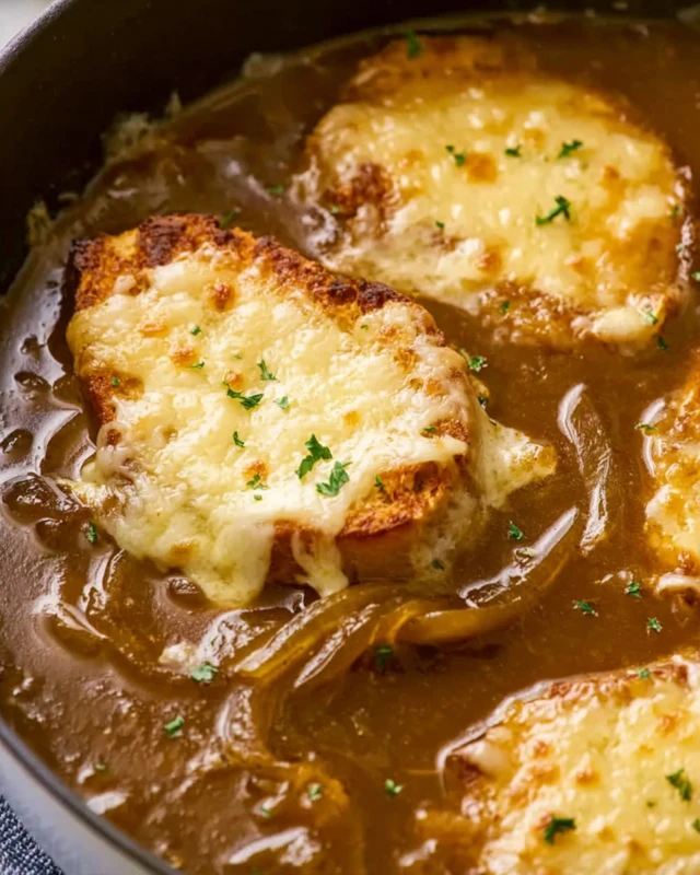 French onion soup with slow-cooked caramelized onions and broiled cheese toast on top