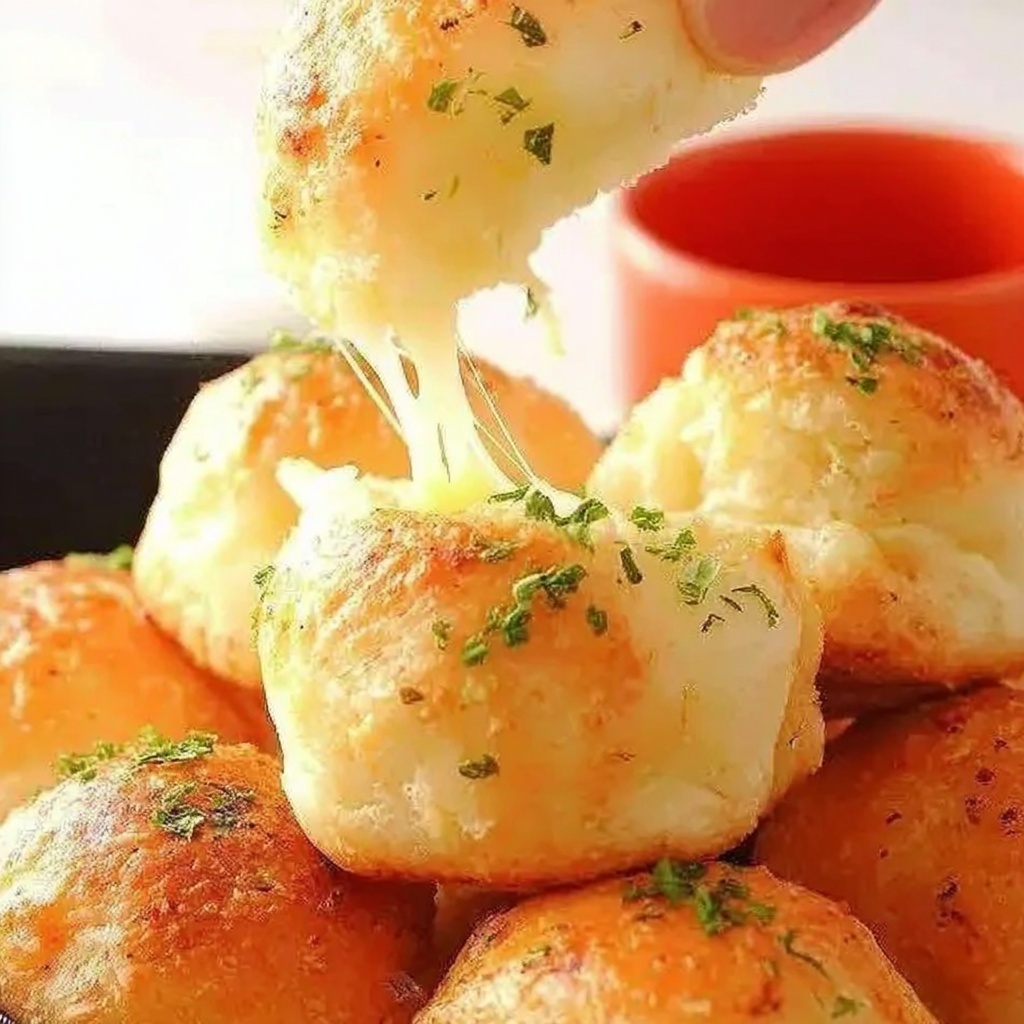 Garlic Butter Cheese Bombs with stretchy melted cheese and golden buttery crust