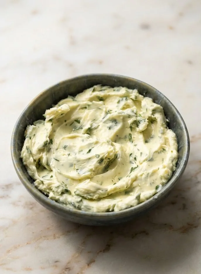 Creamy garlic butter recipe in a small bowl with fresh herbs