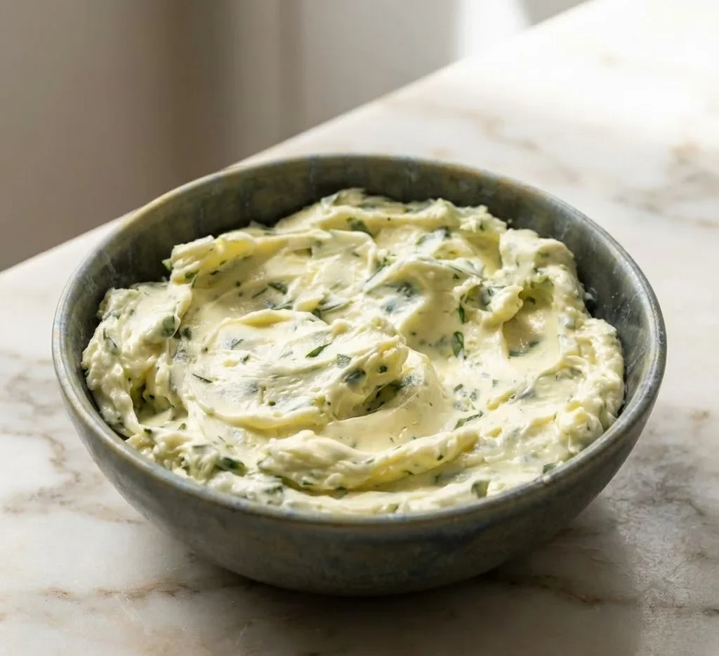 Homemade garlic butter recipe in a bowl, creamy butter mixed with fresh garlic and herbs