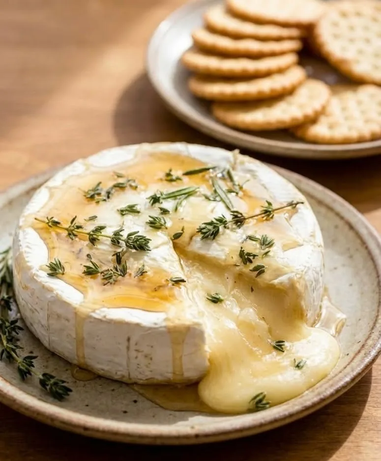 Garlic herb baked brie cheese recipe with melted creamy center, fresh thyme, and honey, served warm on a ceramic plate with crackers