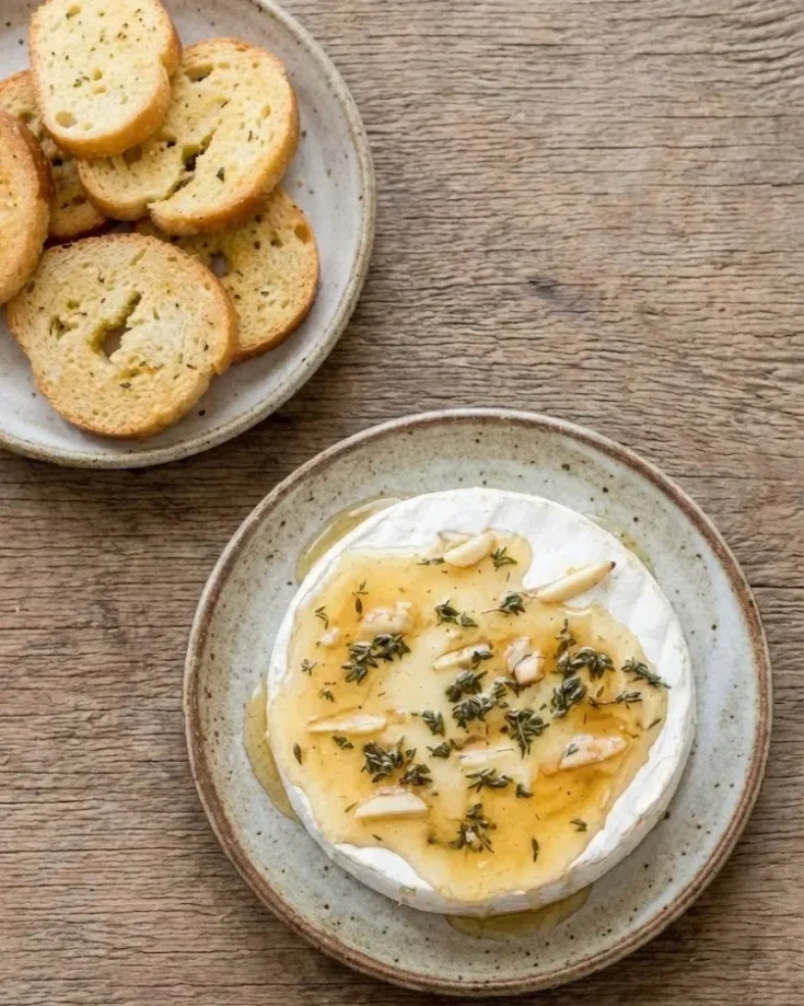 Garlic herb baked brie cheese recipe topped with honey, sliced garlic, and fresh herbs, served on a ceramic plate with toasted bread slices