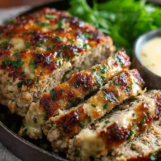 Garlic Parmesan Meatloaf sliced in a skillet with melted cheese and fresh herbs