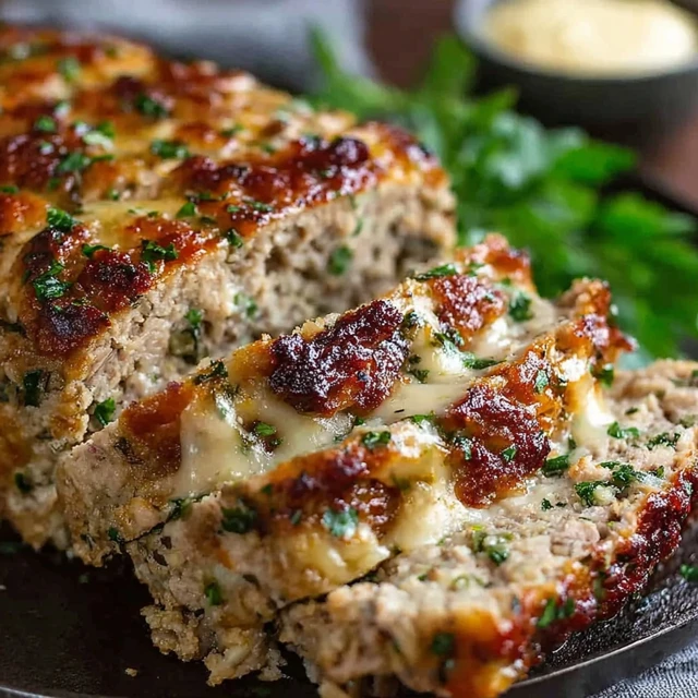 Garlic Parmesan Meatloaf sliced and served with melted cheese and herbs