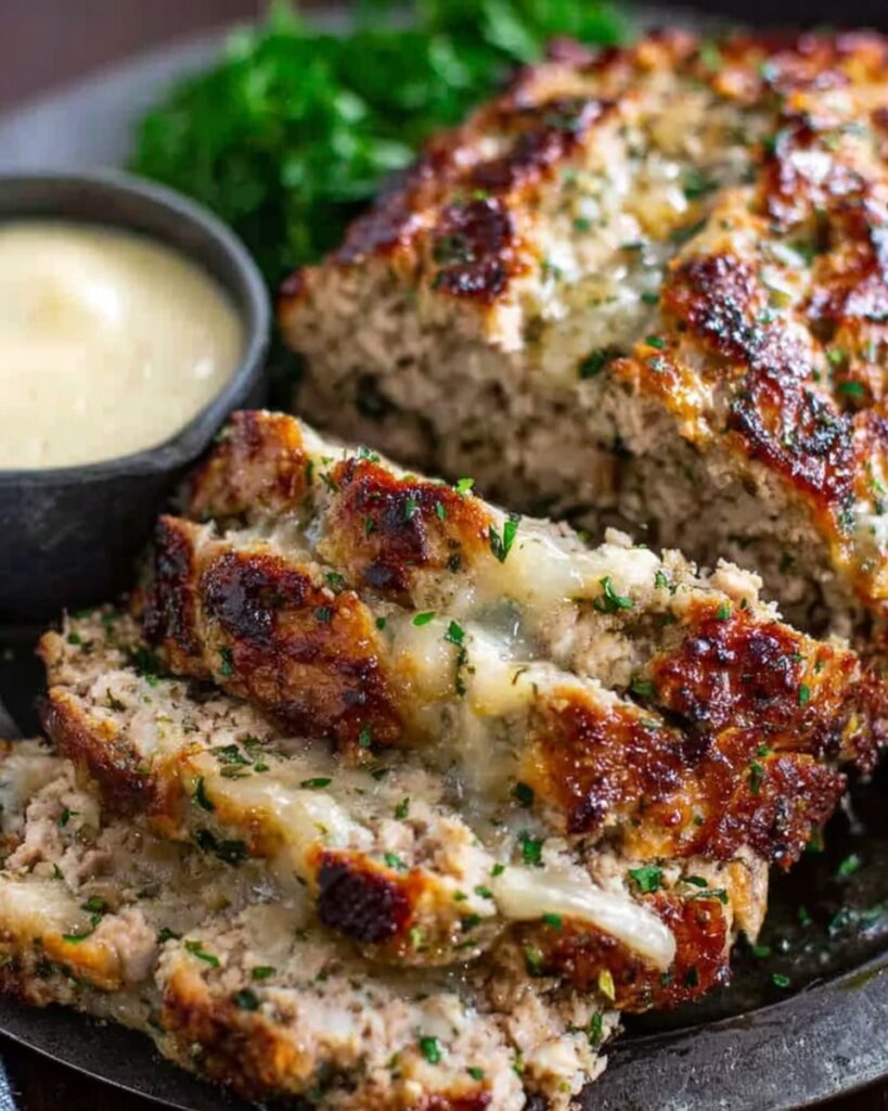 Garlic Parmesan Meatloaf sliced with melted cheese and creamy sauce on the side