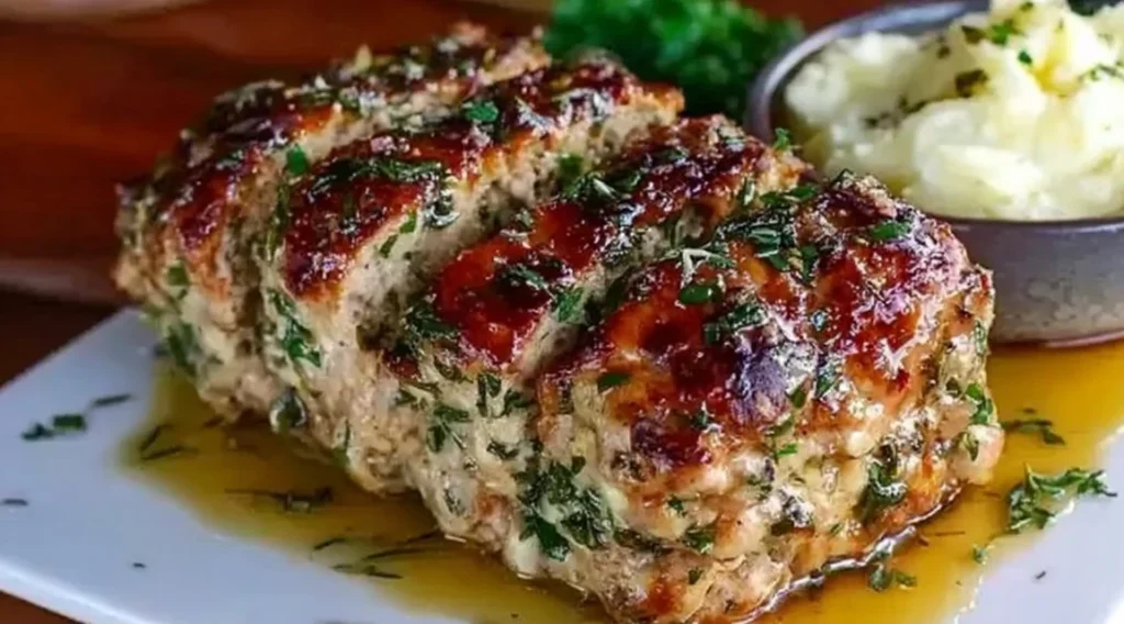 Garlic Parmesan Meatloaf baked until golden and served with mashed potatoes