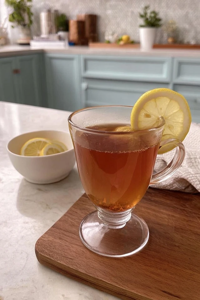 Gelatin trick recipe made with unflavored gelatin, black tea, and lemon served in a glass cup