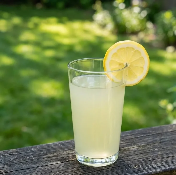 Glass of homemade ginger lemonade garnished with fresh lemon slice