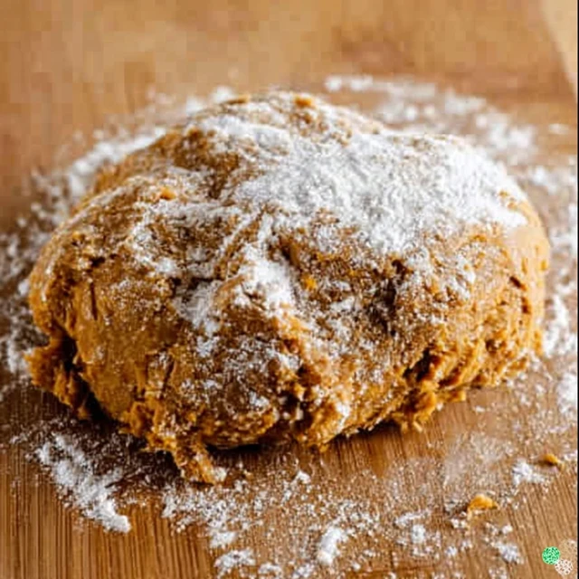 Gingerbread cookie dough lightly floured and ready to roll out on a wooden surface