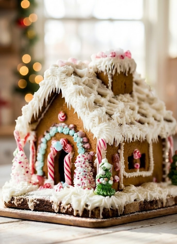 Homemade gingerbread house decorated with royal icing in a cozy kitchen