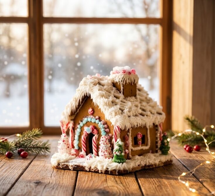 Festive gingerbread house decorated with royal icing by a snowy window