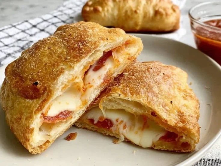 Golden cheesy pizza pockets filled with melted mozzarella and pepperoni on a plate