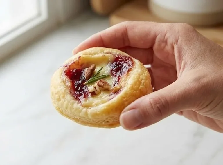 Hand holding a cranberry brie bite made with flaky puff pastry, melted brie cheese, cranberry sauce, and rosemary garnish