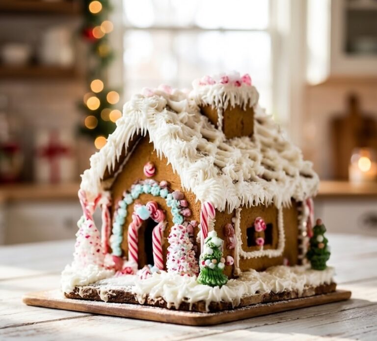 Homemade gingerbread house decorated with royal icing and candy