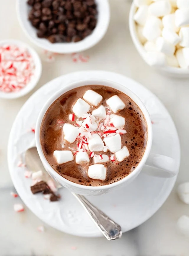 Homemade hot chocolate topped with mini marshmallows and crushed peppermint candy in a white mug
