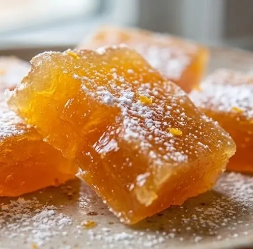Close-up of homemade orange candy squares with a glossy chewy texture, lightly dusted with powdered sugar and orange zest