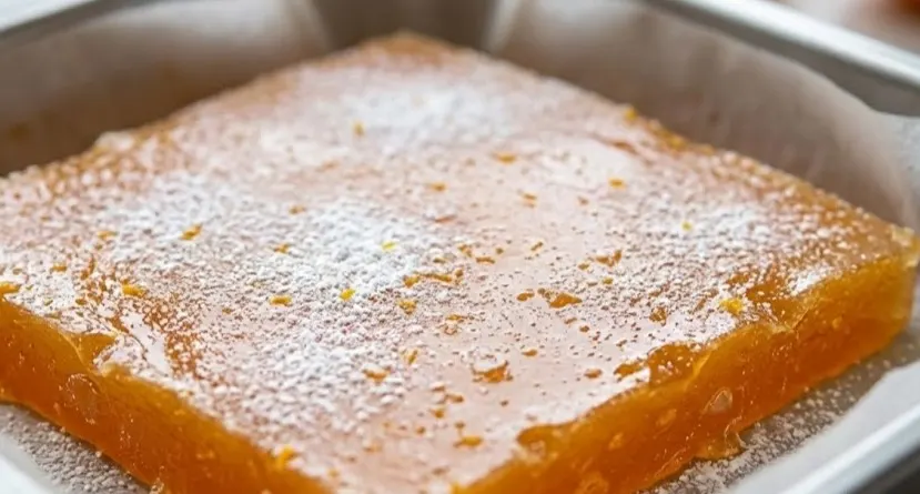 Homemade orange candy slab setting in a pan before cutting, dusted with powdered sugar and showing a soft chewy citrus texture