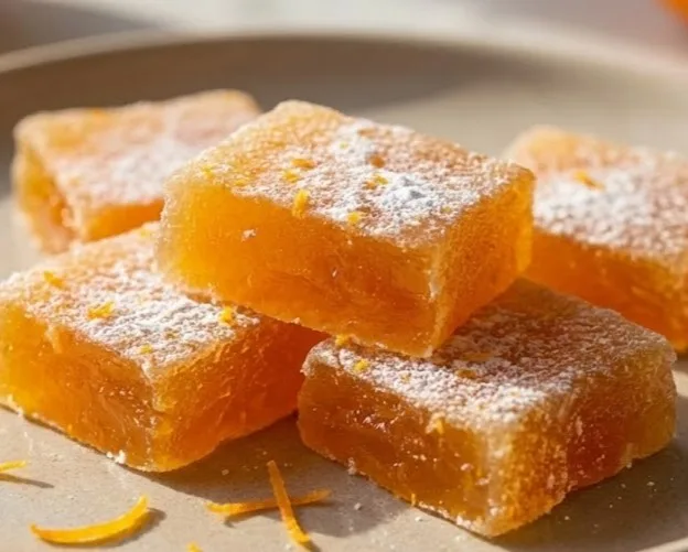 Homemade orange candy squares on a plate, dusted with powdered sugar and showing a soft chewy citrus texture
