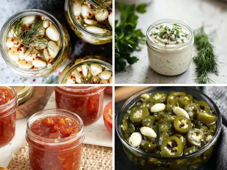 Homemade pickles and condiments including pickled garlic, dairy-free ranch, tomato relish, and pickled jalapeños