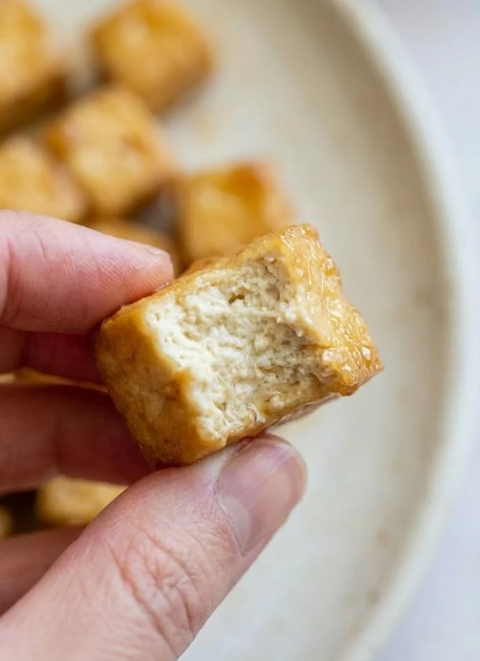 Close-up of a crispy honey garlic tofu cube showing a tender interior, held by hand