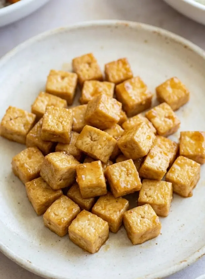Crispy honey garlic tofu cubes coated in a sweet and savory garlic sauce on a white plate