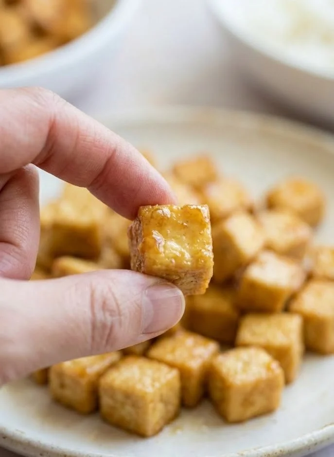 Hand holding a crispy honey garlic tofu cube with a golden sticky glaze on a plate of tofu bites