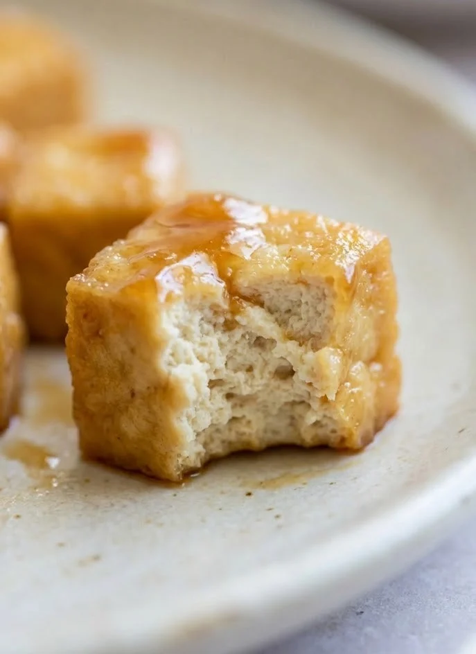 Crispy honey garlic tofu cube with a golden glaze and soft interior on a ceramic plate