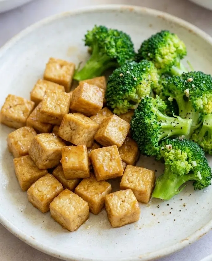Honey garlic tofu cubes served with steamed broccoli on a ceramic plate