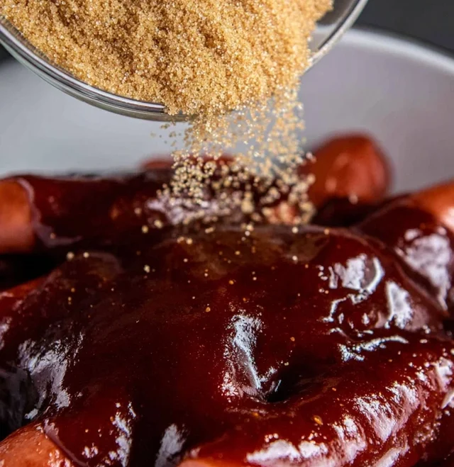 BBQ sauce and brown sugar being added to hot dogs for hot dog burnt ends