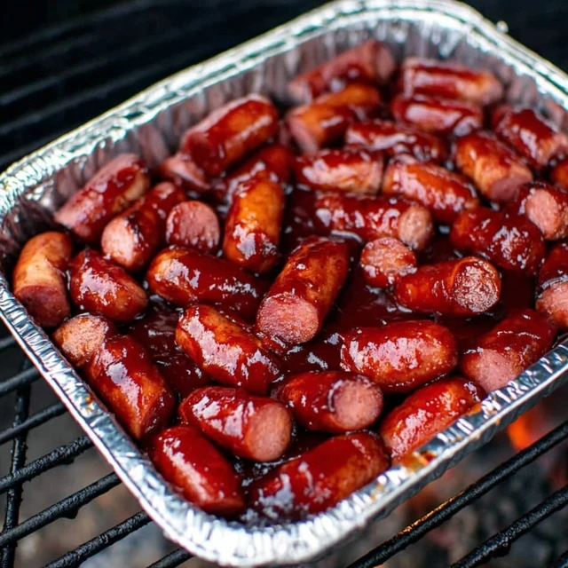 Hot dog burnt ends coated in BBQ sauce finishing in a foil pan on the grill