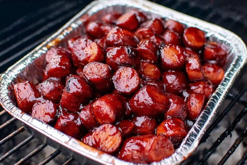 Caramelized hot dog burnt ends coated in BBQ sauce cooking in a foil pan on a smoker