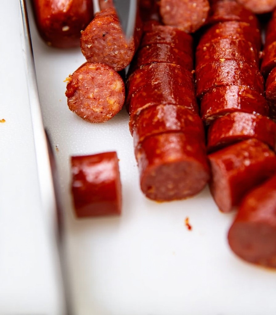 Slicing hot dogs into bite-sized pieces to make hot dog burnt ends