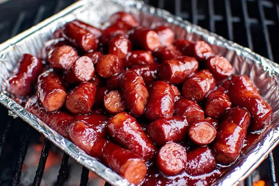 Smoked hot dog burnt ends coated in sticky BBQ sauce cooking in a foil pan on a grill