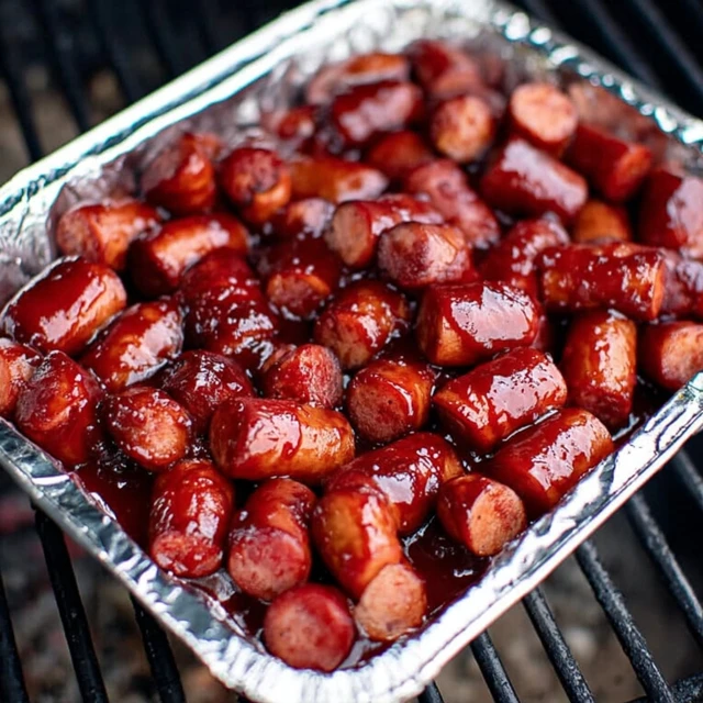 Sticky hot dog burnt ends coated in BBQ sauce finishing in a foil pan on the grill