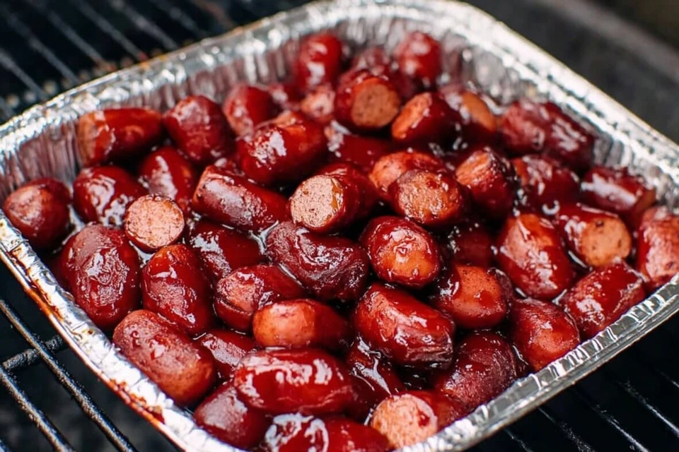 Sticky hot dog burnt ends coated in BBQ sauce cooking in a foil pan on a grill