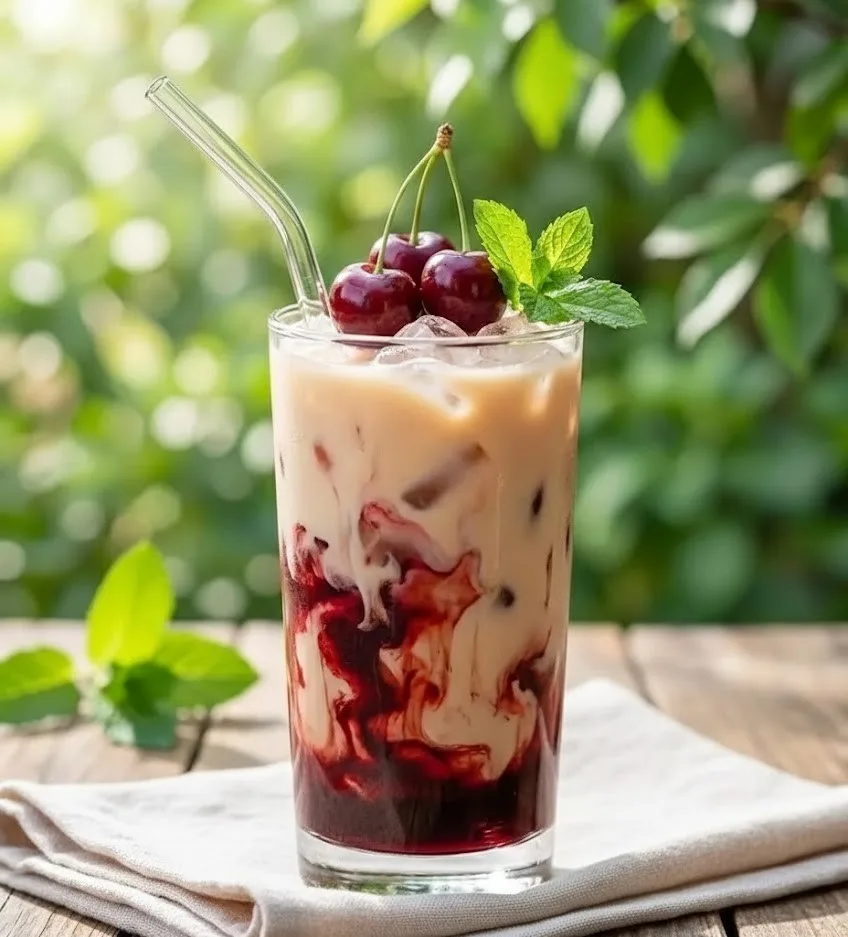 Iced cherry vanilla Earl Grey tea with milk, cherry swirl, fresh cherries, and mint in a glass