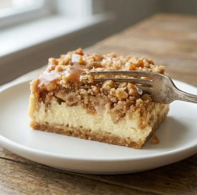 Salted caramel apple cheesecake crunch bars with creamy cheesecake layer, spiced apple crumble topping, and caramel drizzle on a white plate