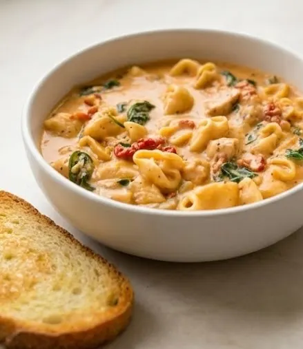 Marry Me Tuscan Chicken Soup in a white bowl with creamy broth, chicken, spinach, sun-dried tomatoes, and tortellini served with toasted bread