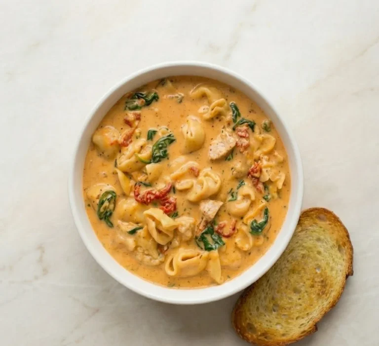 Marry Me Tuscan Chicken Soup with creamy broth, chicken, spinach, sun-dried tomatoes, and tortellini in a white bowl with toasted bread