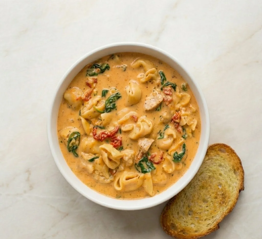 Marry Me Tuscan Chicken Soup with creamy broth, chicken, spinach, sun-dried tomatoes, and tortellini in a white bowl with toasted bread
