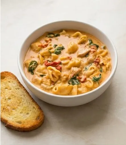 Marry Me Tuscan Chicken Soup served creamy with chicken, spinach, sun-dried tomatoes, and tortellini in a white bowl